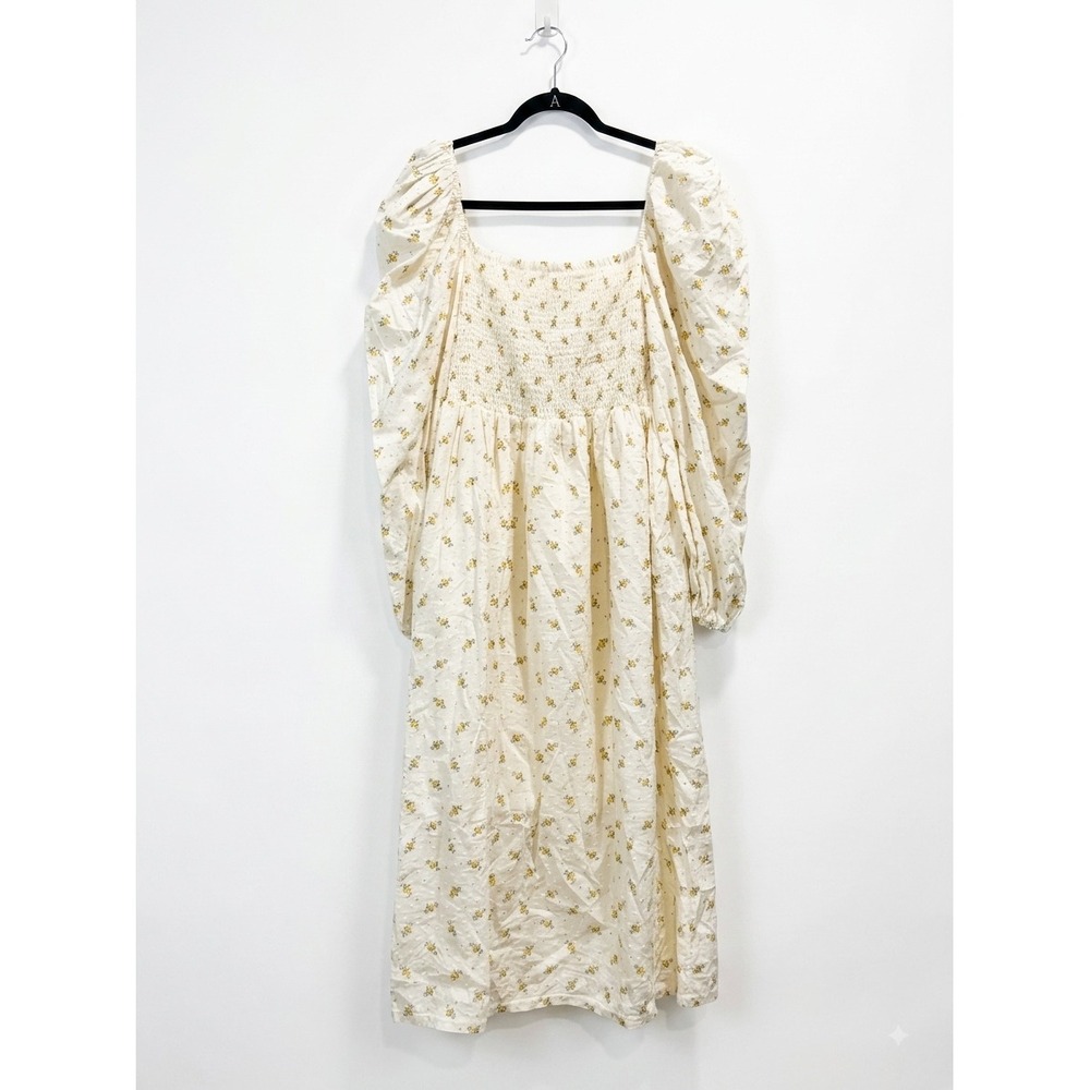 Nothing Fits But Floral Smocked Cotton Midi Dress White Yellow Puff Sleeve L - Picture 2 of 4